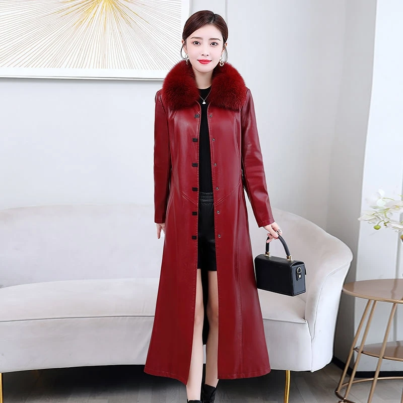 Autumn Winter Long Genuine Leather Jacket Women Fashion Fox Fur Collar Plus Cotton Liner Thick Sheepskin Coat Famale Clothing