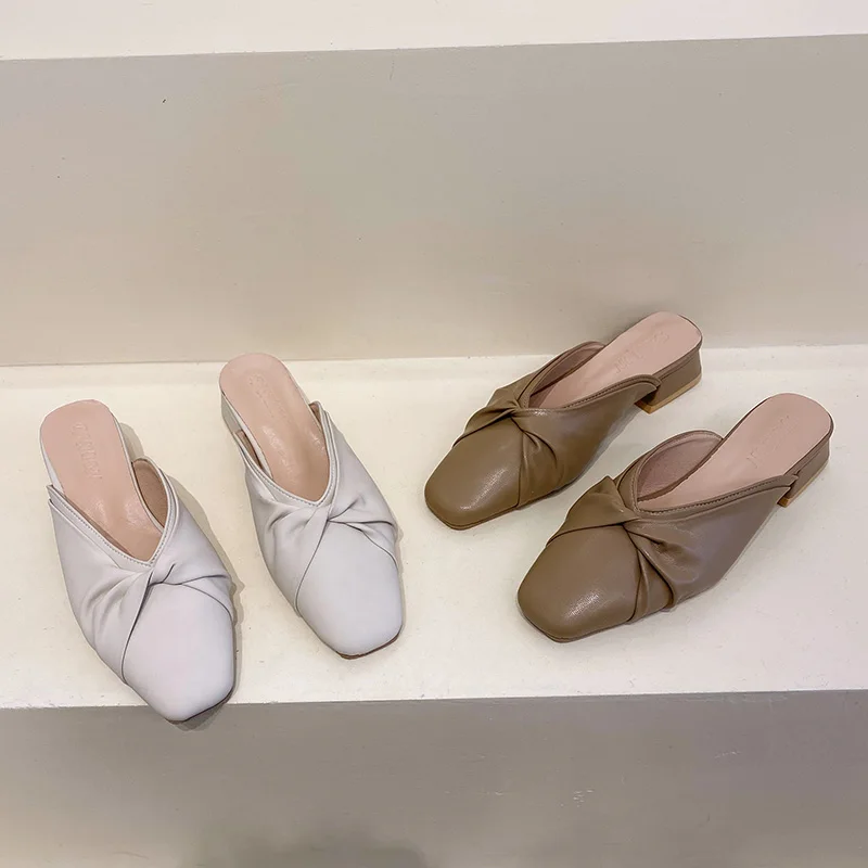 

Cover Toe Slippers Soft Female Shoes Med Slides Square heel Low Mules For Women 2022 Comfort New Block Summer Rome Hoof Heels