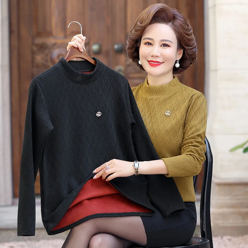 

Autumn Winter Half-height Collar Bottoming Shirt Women's Solid color Long Sleeve Middle-aged Mother Plush for warmth T-shirt Top