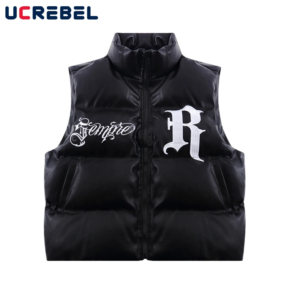 Жилет мужской зимний стеганый из ПУ кожи с Вышивкой Букв | Мужская одежда