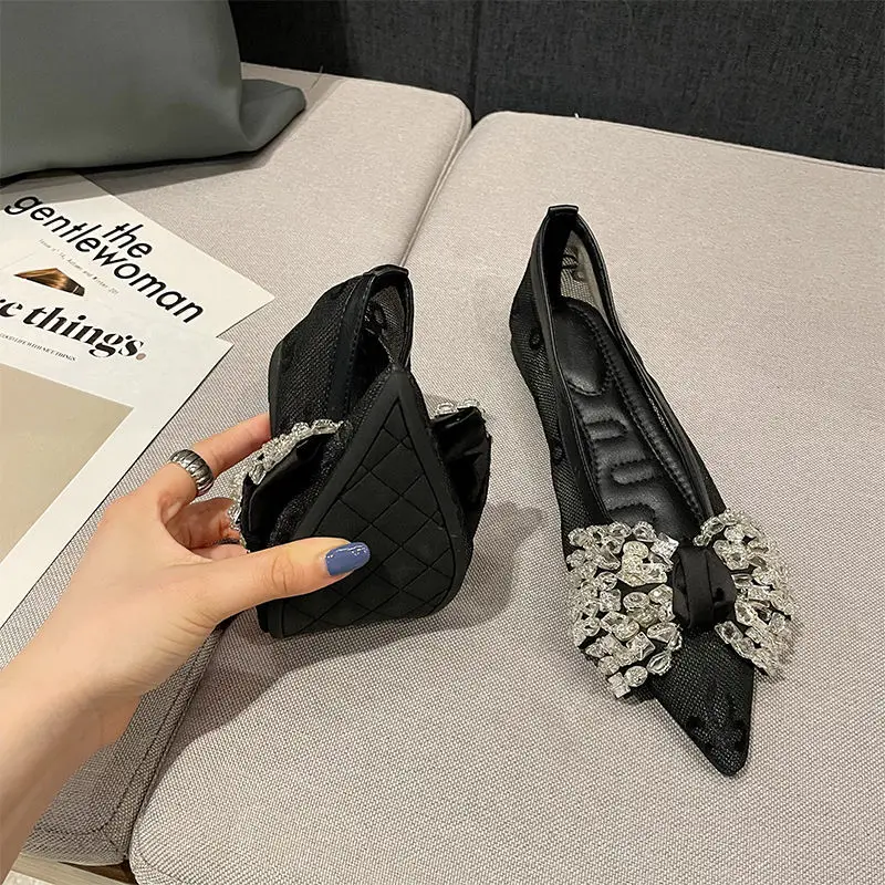 Pointed Toe Breathable Rhinestone Bow Pumps Women's Spring and Summer 2023 New Soft-Soled Mesh Surface Low-Cut Flat Shoes