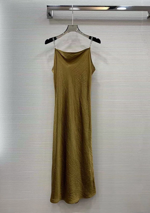 2023 new women fashion sleeveless chain stack collar slim pleated fabric medium and long dress dress 0709