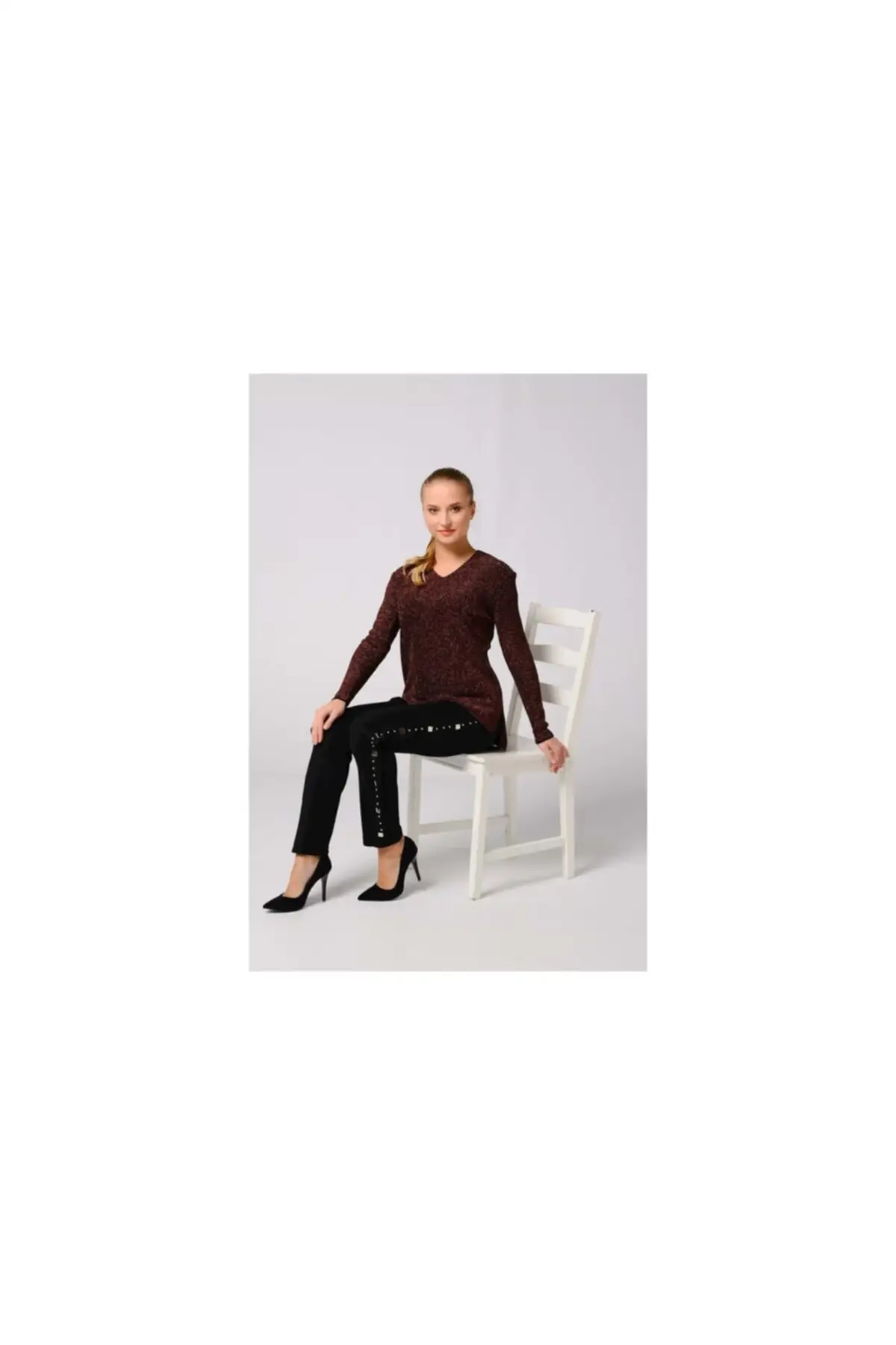 

Women Silvery Tile Slit V Neck Sweater Women Muslim Sweater