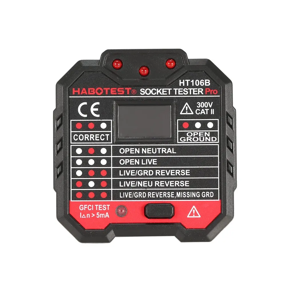 

HT106B Socket Testers Voltage Test Socket Detector EU/US/UK Plug Ground Zero Line Plug Polarity Phase Check Tools HABOTEST