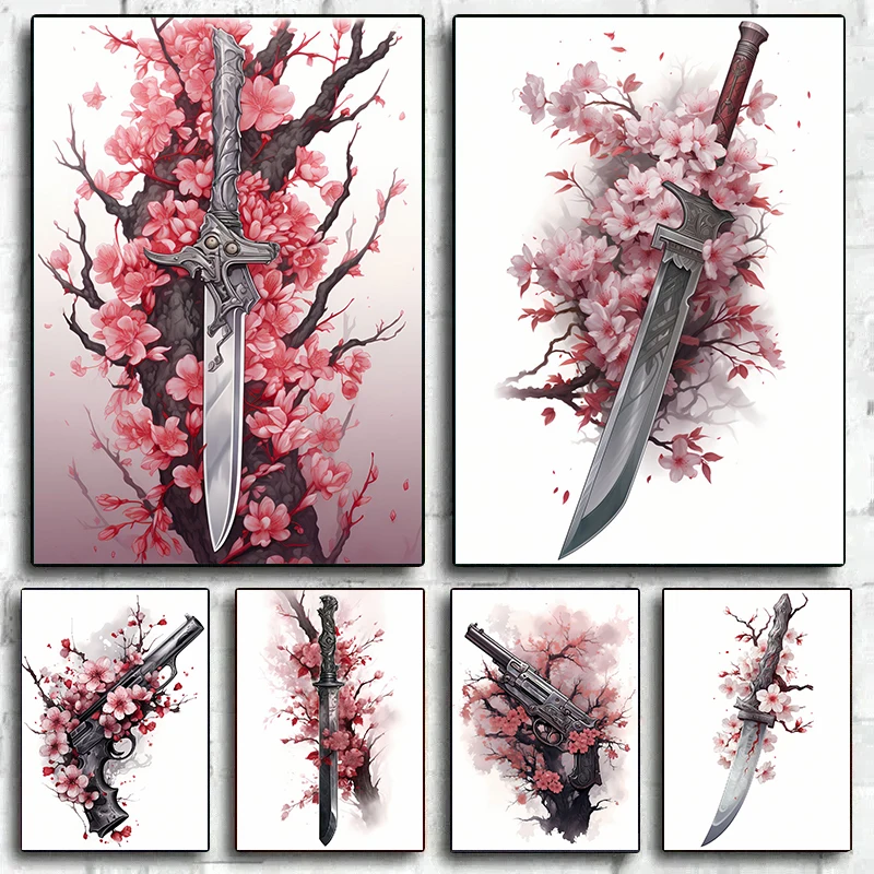 Японское поп-оружие эстетика красочное лезвие Сакура холст живопись Настенная
