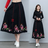 2022 chinese vintage skirt harajuku patchwork women flower embroidery skirt vintage cotton linen elastic waist chinese skirt