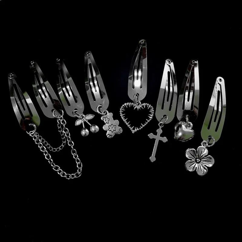 

Harajuku Chains Cross Heart Hair Clip For Women Girl Punk Hip-Hop Silver Metal Hairpins Cute Sweet Bear Cherry Hair Clip Jewelry