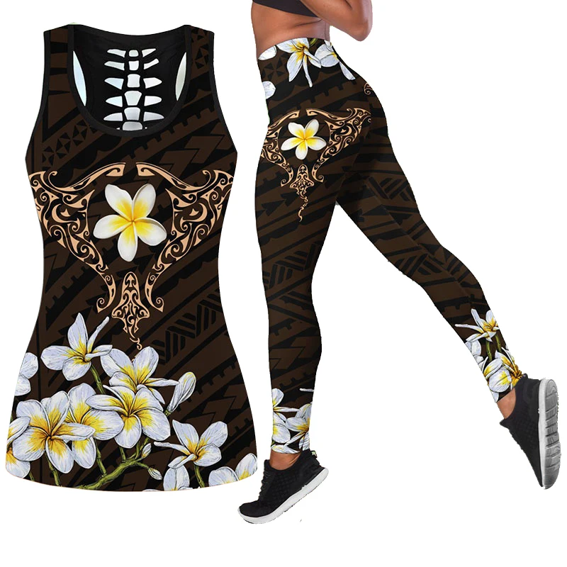 Amazing Polynesian Beautiful Tattoo and Frangipani 3D Print Sleeveless Shirt Summer Vest for Women Yoga Tank Tops Leggings Suit