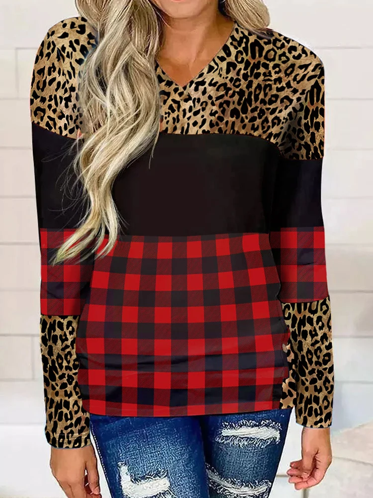

Блузка женская с длинным рукавом, повседневный Удобный джемпер с леопардовым принтом, на пуговицах, с V-образным вырезом, на весну