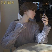 e girls causal o neck women shirt korean pleated long sleeve blusas femme 2020 autumn chic solid blouses feminimos tops
