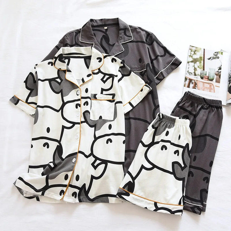 

Couple Pure Cotton Short-Sleeved Shorts Pajamas Women 2021 Summer New Two-Piece Cute Calf Female Loose Simple Home Service Set