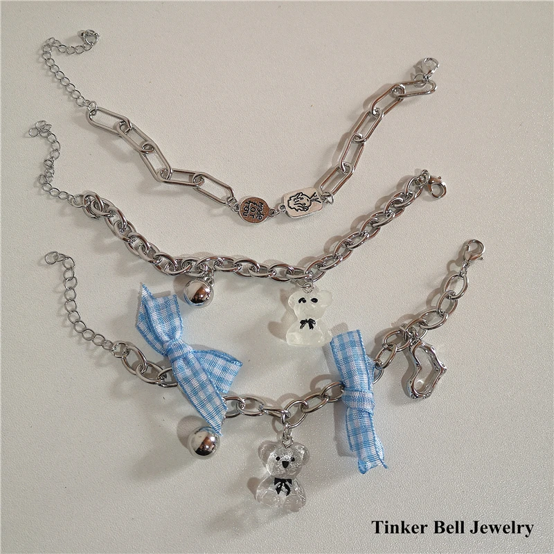 

2022 Korean Vintage Y2K Goth Acrylic Bear Pendant Silver Color Beads Chain Bracelets For Women Men Aesthetic Grunge EMO Jewelry