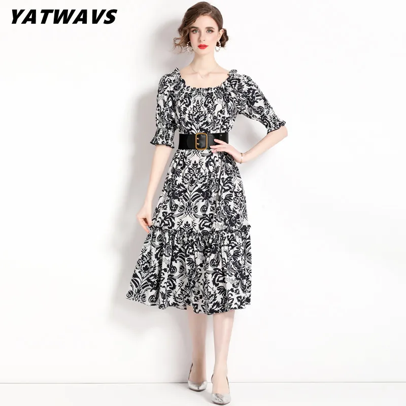 

Sexy Slash Neck Women Summer Bohemian Dresses Fashion Vintage Floral Print Ladies Designer Loose Ruffled Long Dress Robes Belt
