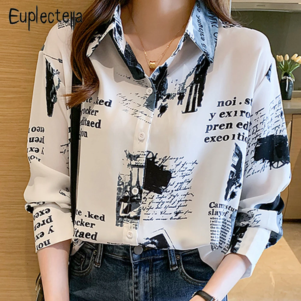 

Office Lady New Elegant Chiffon Shirt For Women 2022 Spring Autumn Printing Blouses Long Sleeve Turn Down Collar Shirts Tops
