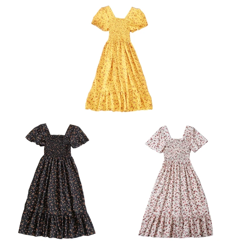 

Women Flare Short Sleeve Square Neck Smocked Shirred Midi Long Swing Dress French Floral Print A-Line Chiffon Sundress P8DB