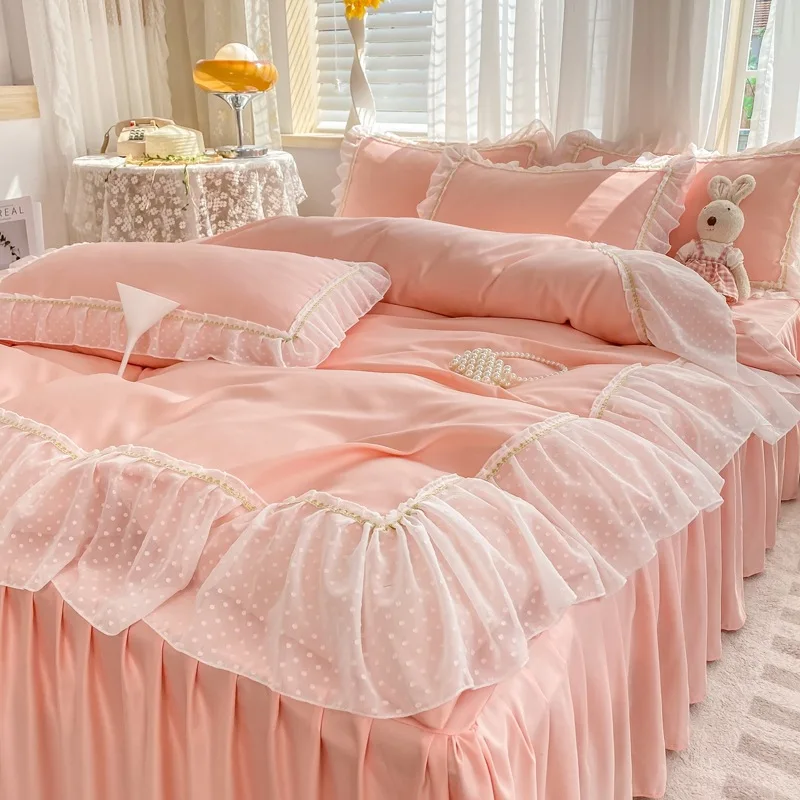 

Bedding Set Lace Plain Bed Skirt Set of Four Bed Linings Queen Cover Bed Sheet and Pillowcase King Size Silk Princess Style