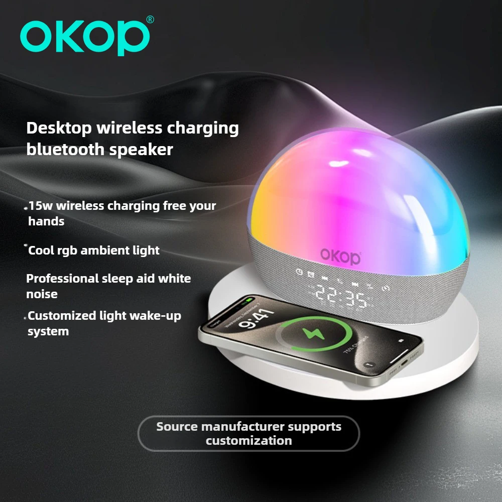 Фото OKOP Настольный Bluetooth-динамик 15 Вт Беспроводная зарядка Будильник Таймер RGB Атмосфера Свет Белый шум Музыка Вечеринка домашний кинотеатр №2