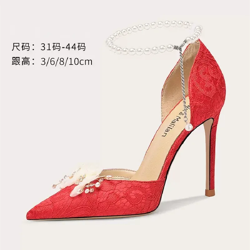 

Spring/Summer Pointed Rhinestone Pearl Flower Butterfly Sandals Thin High Heel Banquet Dress Large and Small Women's Single Shoe