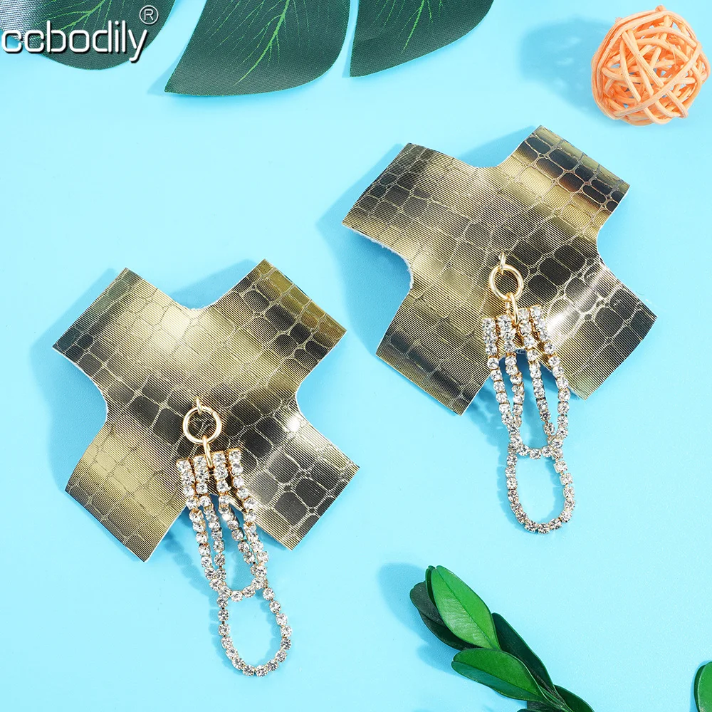 

New Women 1 Pair Pu Leather Nipple Cover Stickers Reusable X Shape Nipple Pasties Rhinestone Tassel Breast Wear Pads Accessories