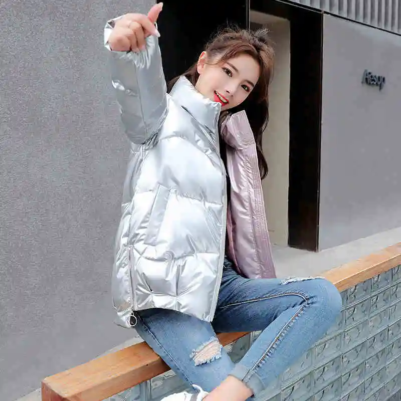 Short Women's Down Jacket 2022 Winter Glossy Silver/Black/Green/Grey Loose Cotton padded Coat Stand Collar Outwear Parkas Female