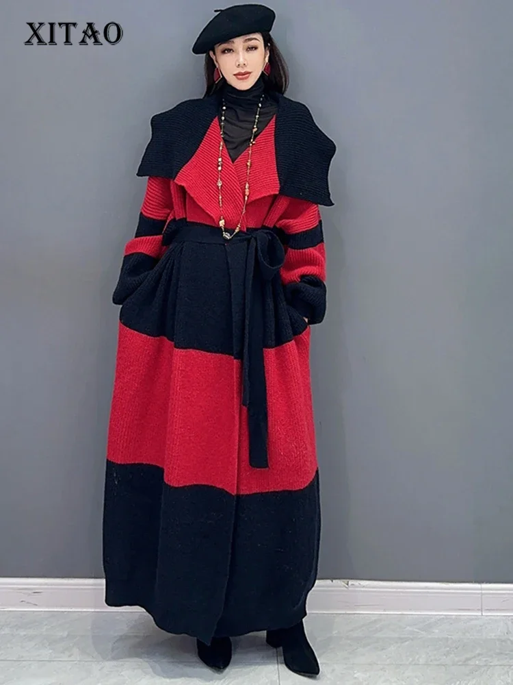 

XITAO Loose Knitting Trench Full Sleeve Casual Fashion Contrast Color Bandage Turn Down Collar Autumn Women Trench DMJ2794