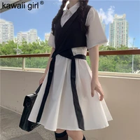 kawaii girl summer shirt dress midi women japanese sweet college style short sleeve loose casual simple dresses lacing vest set