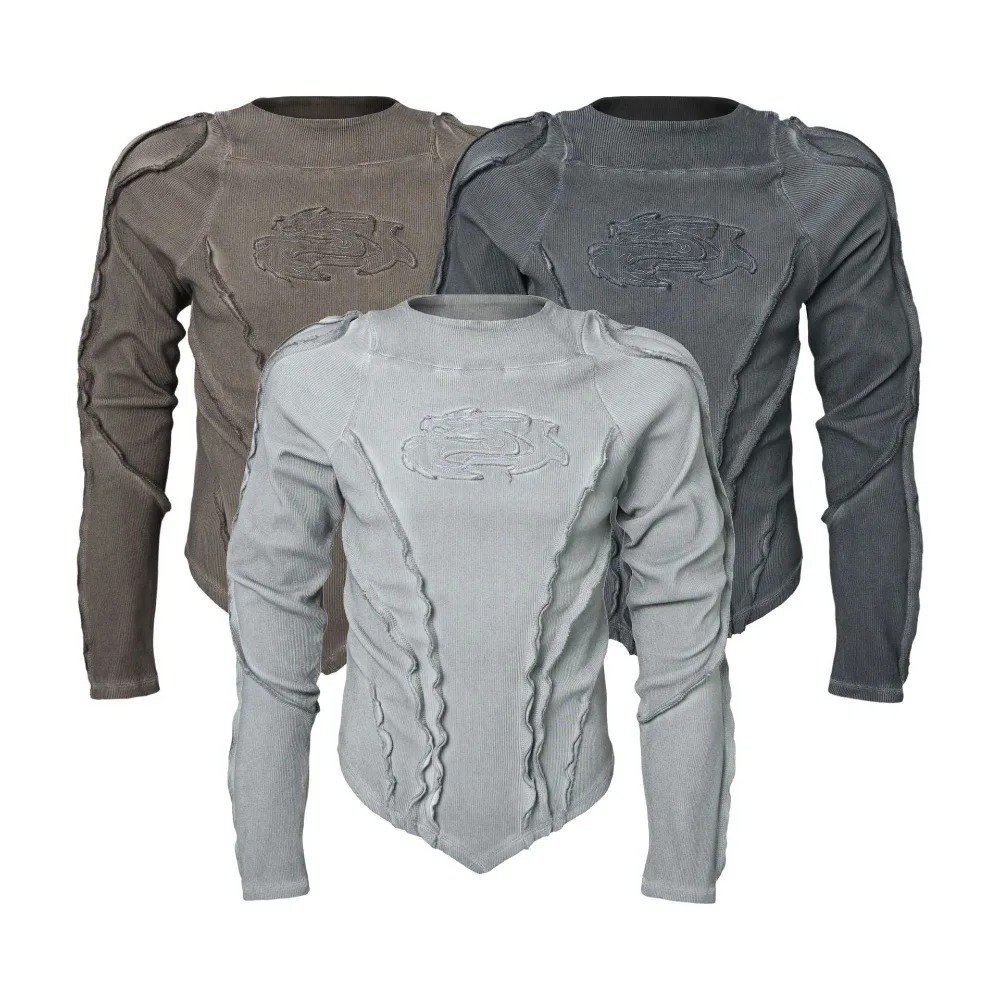 Фото Мужские футболки High Street Tees в стиле Wasteland, с эффектом состаривания, V-образный вырез, уличный стиль, с длинным рукавом №4