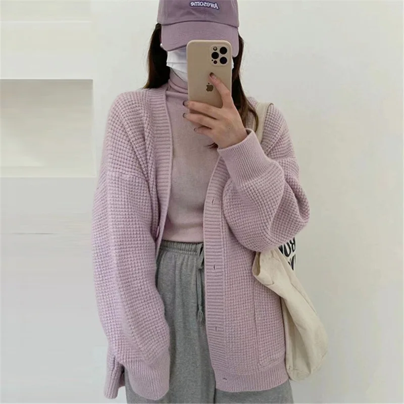 

Осенне-зимний Однотонный свитер в Корейском стиле с V-образным вырезом, пальто, утепленный вязаный кардиган с большими карманами для женщин