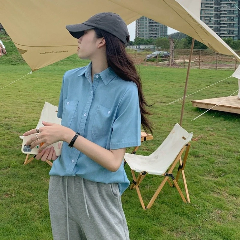 Женская джинсовая рубашка с коротким рукавом Свободный кардиган в стиле ретро |