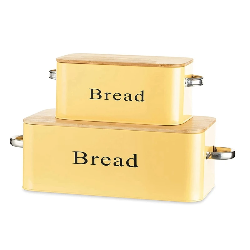 2Pcs Metal Bread Box With Natural Bamboo Lid And Handles Kitchen Food Storage Container Bread Storage Box