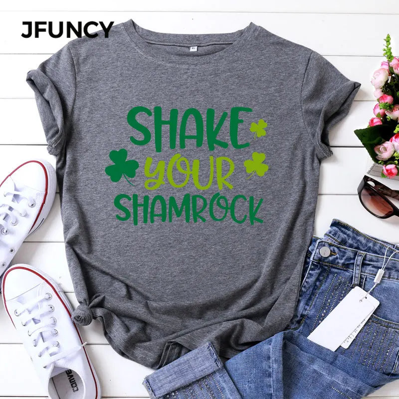 JFUNCY  Women Casual T-shirt SHAKE YOUR SHAMROCK Letter Graphic Summer Cotton Shirts Female Harajuku Tshirt Tops Tees images - 6