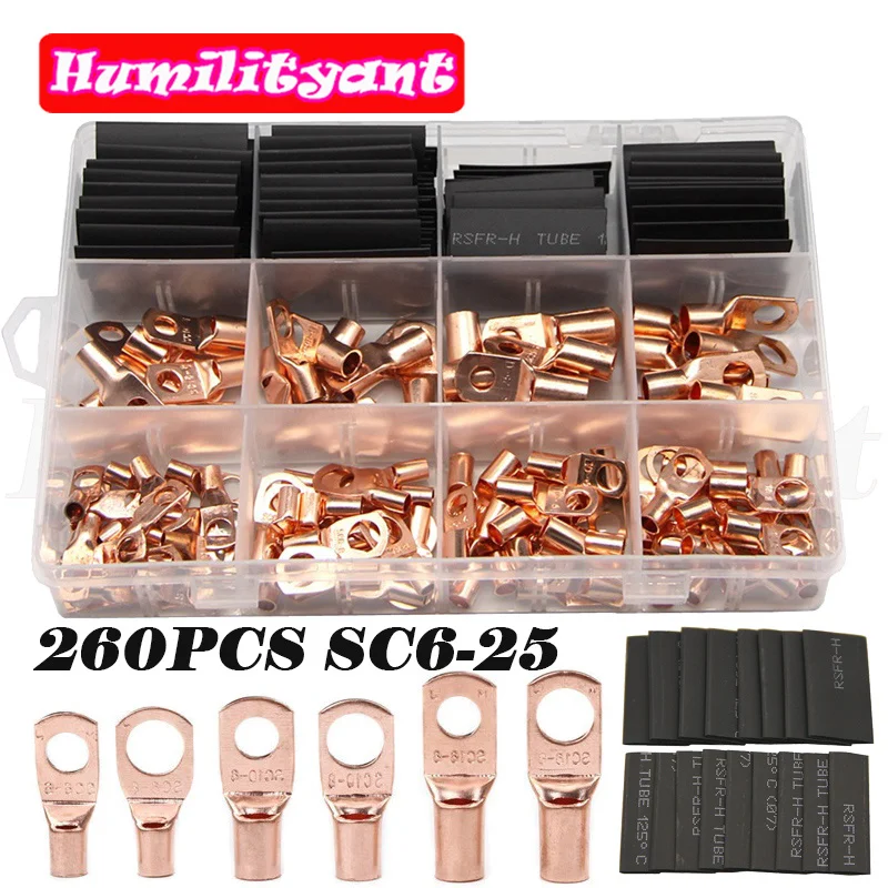 

260PCS Copper Ring Lug SC Bare Copper Splice Crimp Terminals Welding Terminal Electrical Wire Connector Heat Shrink Tube Kit