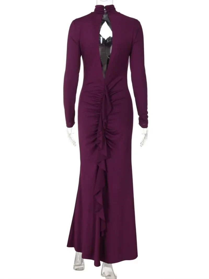 Женские элегантные длинные платья с открытыми рюшами осень-зима 2024 водолазка