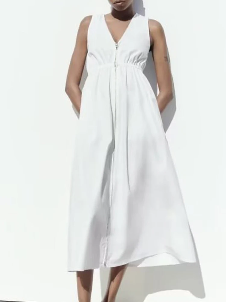 

Женское платье на молнии с V-образным вырезом Kumsvag, однотонное ажурное элегантное уличное платье до середины икры, одежда на лето 2023