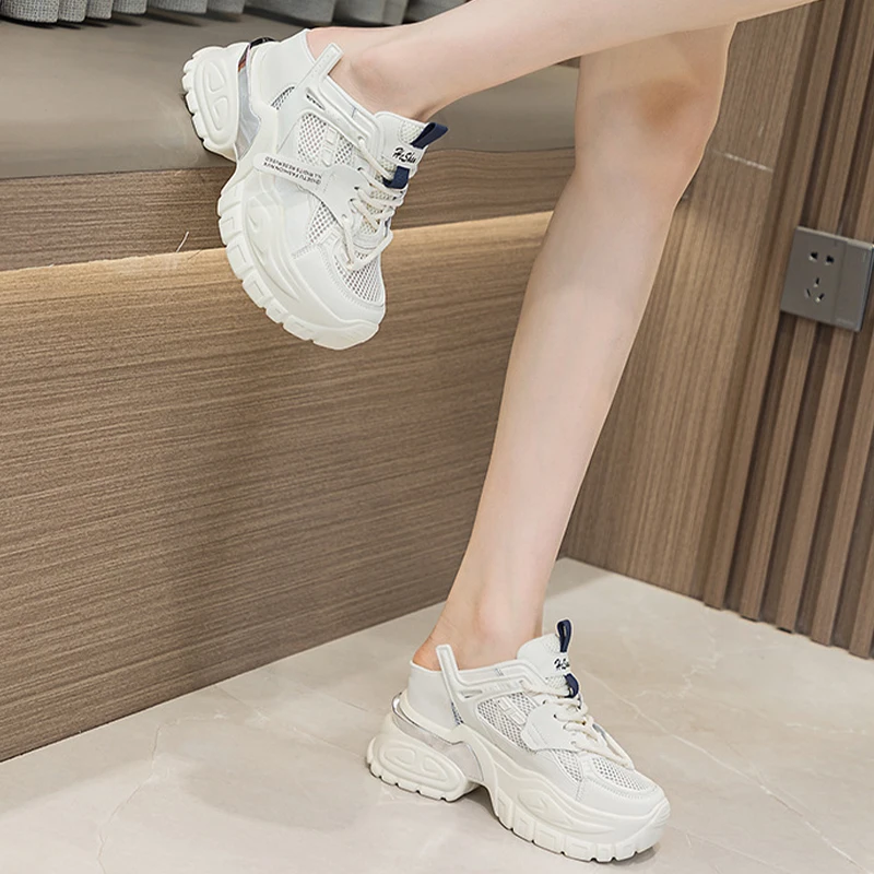 10.5cm2023 Comfy Air Mesh Hollow Female Platform Wedge Chunky Sneakers Genuine Leather Rhinestone Fashion Summer Women Shoes