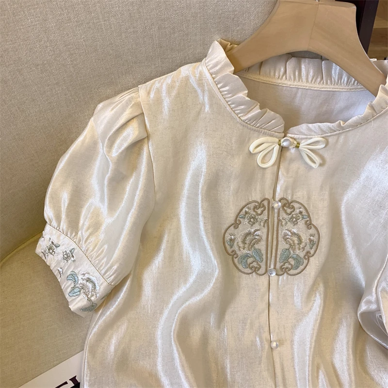 Атласные женские рубашки блузки с вышивкой в китайском стиле свободные модные