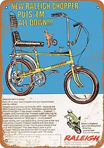 Фото Металлический винтажный Забавный жестяной знак 1970 Raleigh велосипед-Чоппер 12x16
