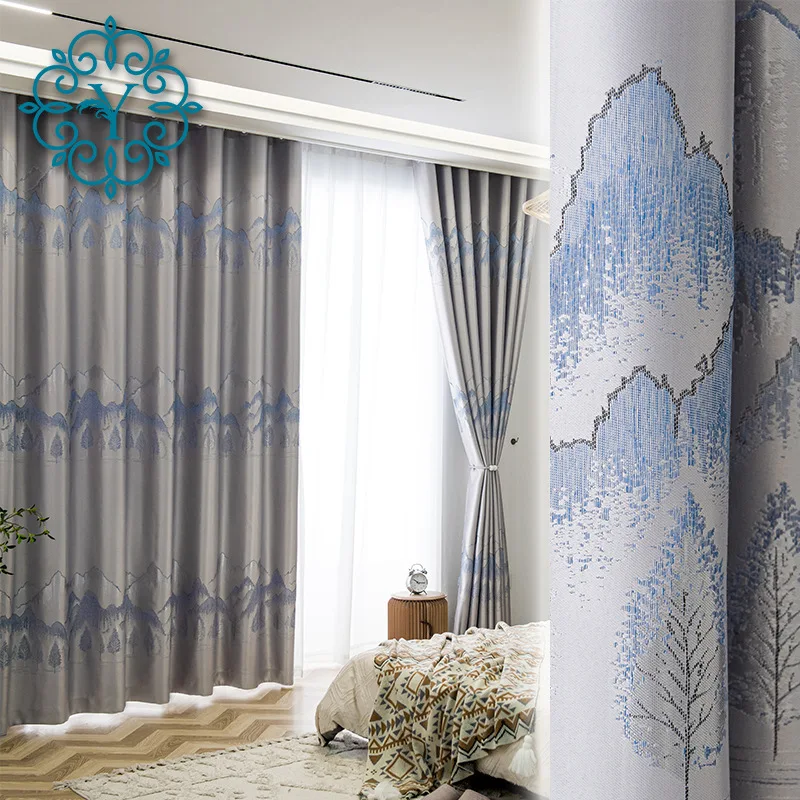 

Customized New Thickened Chinese Style Landscape Jacquard Living Room Bedroom Balcony Window Curtain Kitchen Curtains
