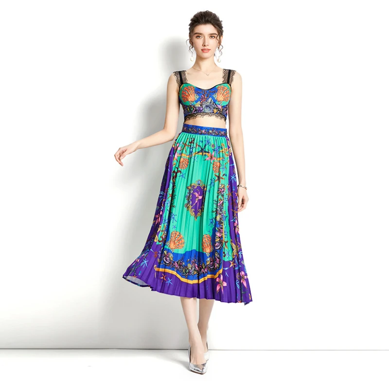 

Women Clothing for Party 2022 New Spring/summer Holiday Print Pleated Skirt Lace Tank Top Set Polyester Casual A-LINE Camisole