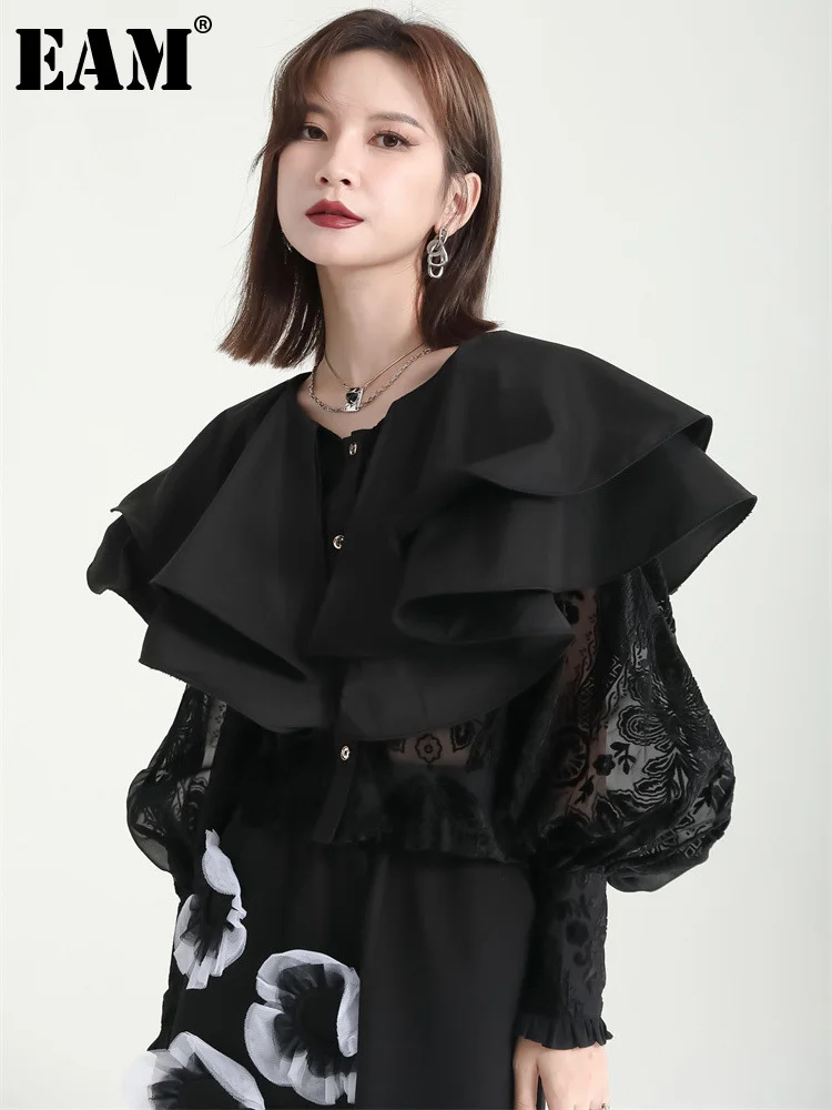 

[EAM] Женская Черная кружевная блузка с оборками большого размера, новая свободная рубашка с круглым вырезом и длинными рукавами, модная весе...