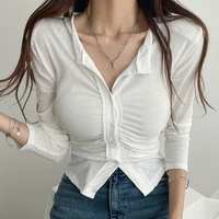 chic solid color slim long sleeve t shirt for women spring summer casual single breasted t shirt lady streetwear skinny blouse