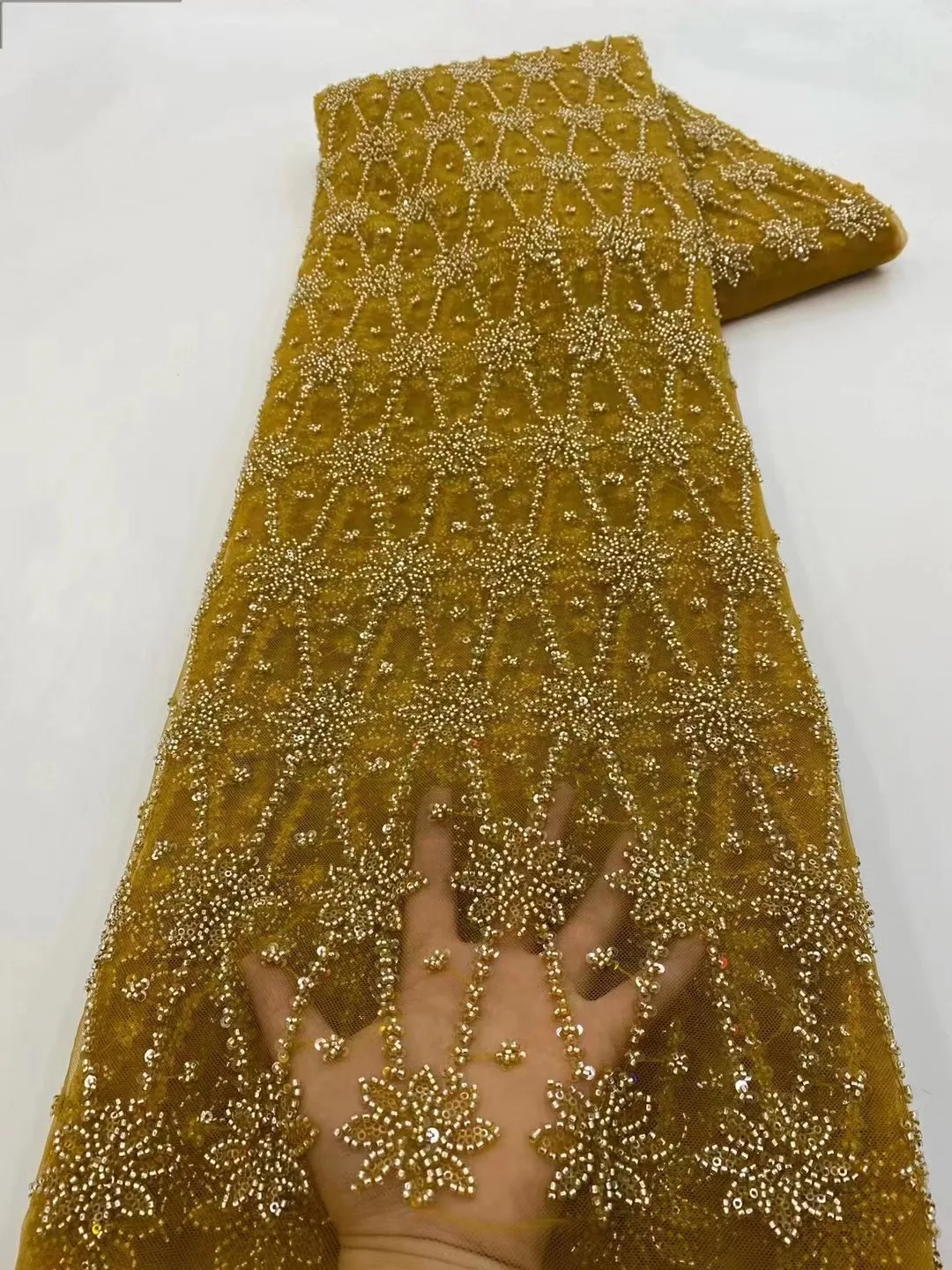 

Золотые бусины ручной работы, кружево, африканская французская кружевная ткань 2023, высококачественное бисерное кружево с блестками для нигерийских кружевных тканей
