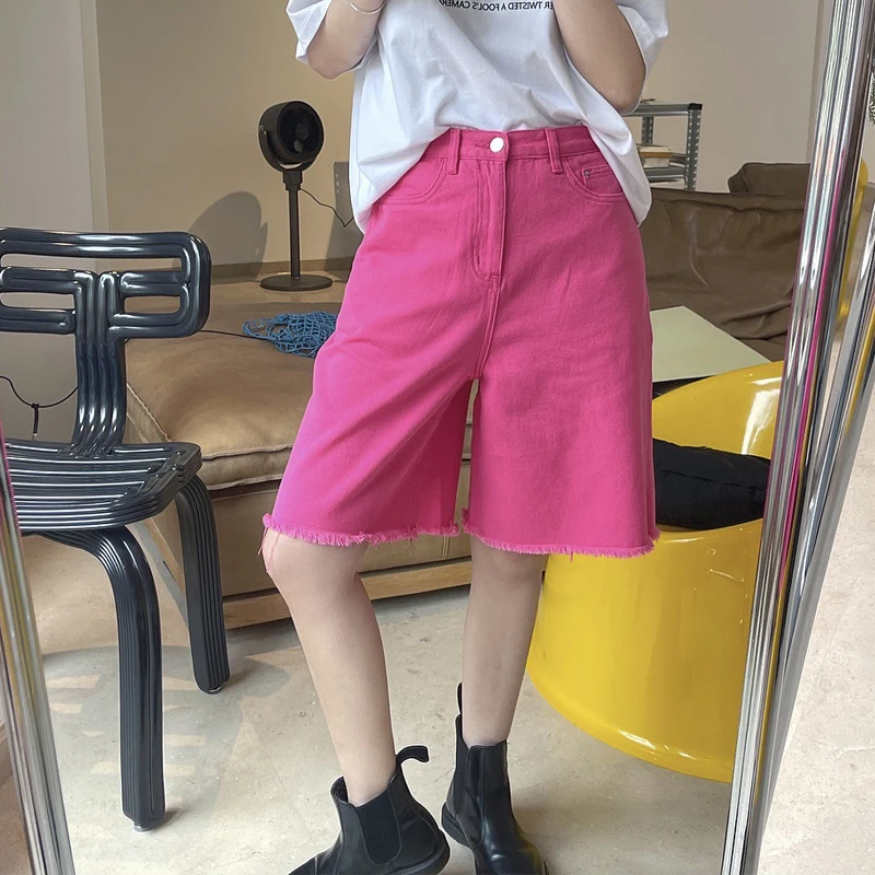 BJXN Summer women's casual solid color high waist loose denim shorts