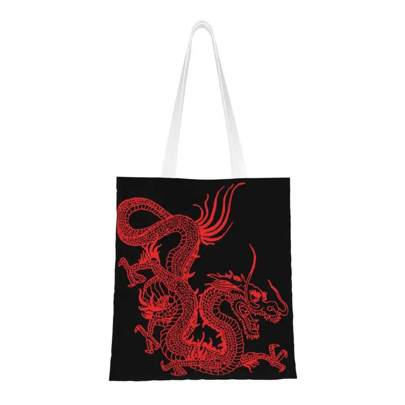 

Recycling Red Chinese Dragon Shopping Bag Women Shoulder Canvas Tote Bag Durable Asian Oriental Style Art Grocery Shopper Bags