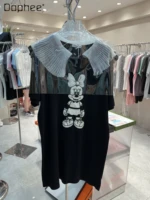 sweet doll collar cartoon embroidery contrast color mid length short sleeved t shirt dress summer new loose schoolgirls dress