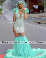 sexy green beaded feathers mermaid prom dresses 2022 african lllusion black girls graduation party gowns robes de soir%c3%a9e