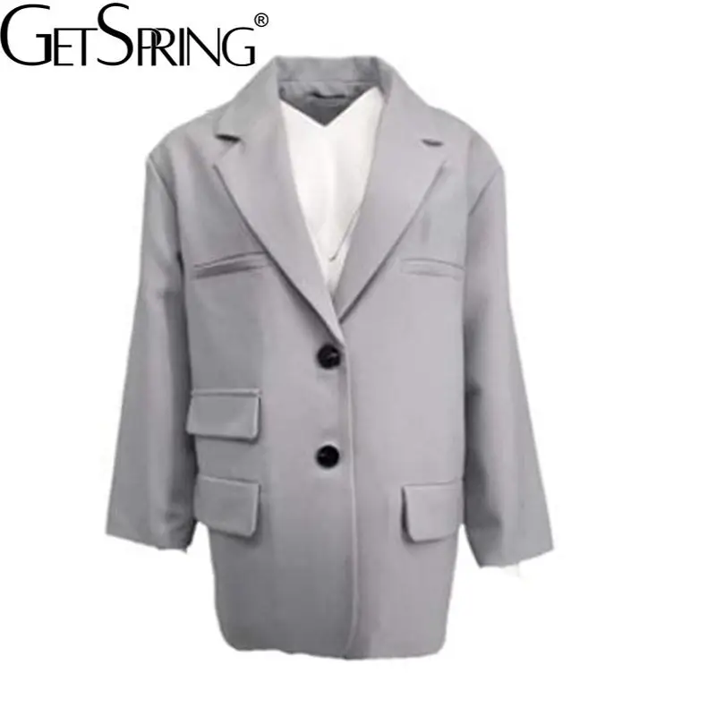 

GetSpring Women Blazer Single Breasted Full Sleeve Ladies Gray Suit Coat Fashion Loose Leisure Ladies Jacket Tops Spring 2022