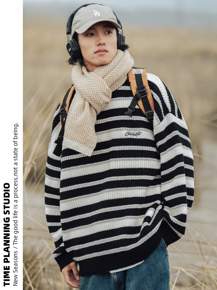 План времени винтажный контрастный цвет толстый полосатый свитер мужской