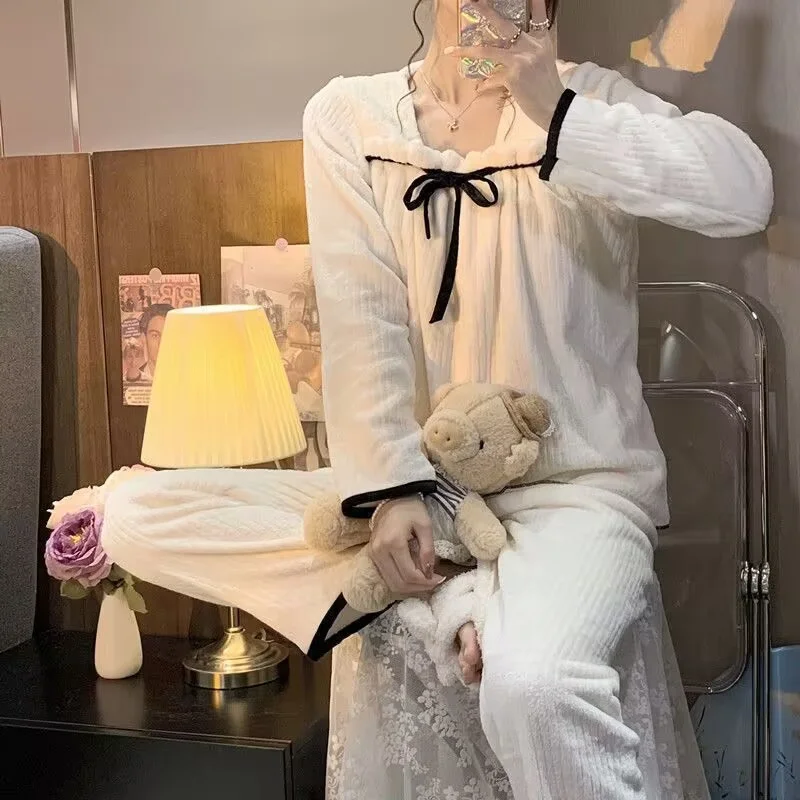 Sexy Bow Pajamas Set Full-Sleeve Long Pants 2Piece/Set Sweet Princess Pink Pyjama Big Size Homewear Cozy Winter Plush Sleepwear