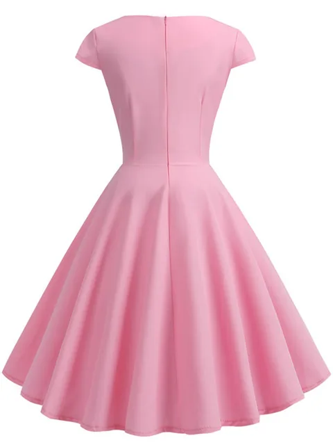 Pink Summer Dress Women V Neck Big Swing Vintage Dress Robe Femme Elegant Retro pin up Party Office Midi Dresses 1